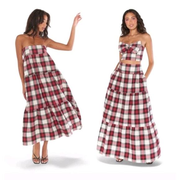 Show Me Your Mumu Melody Maxi Skirt Size L Flannel Plaid Prairie Tiered Red